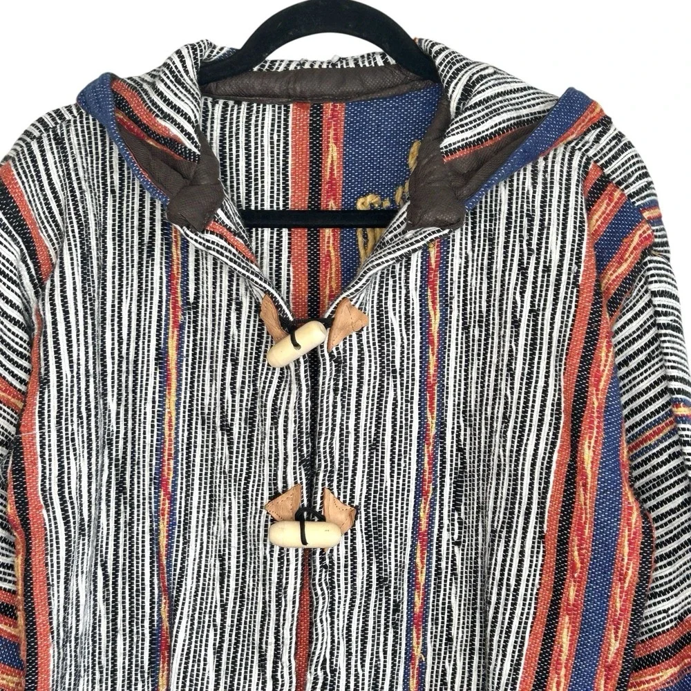 Boho Baja Hoodie Mexican Blanket Toggle Jacket Medium Indie Festival Surf Stripe